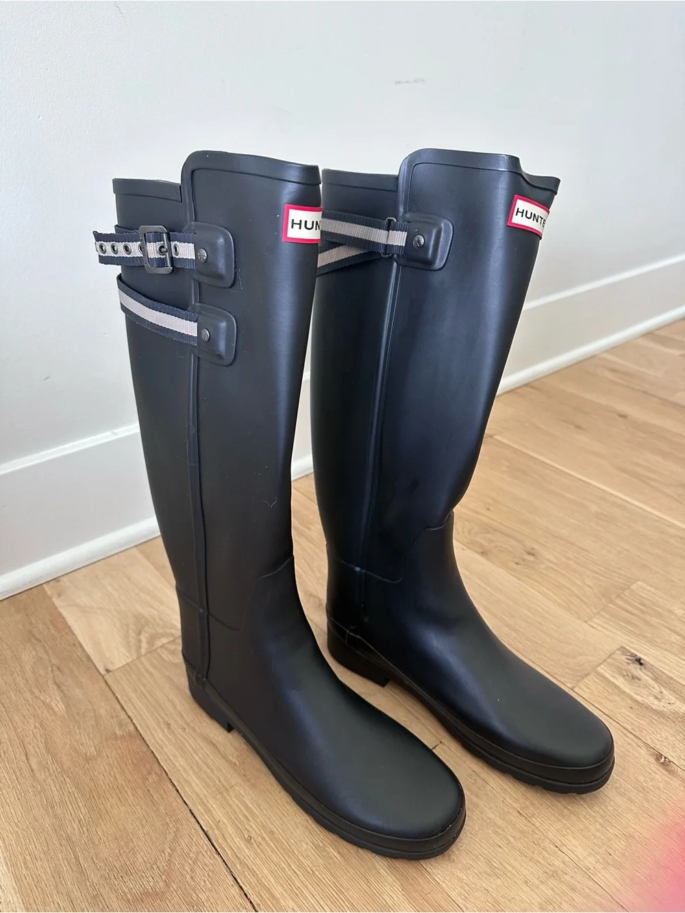 Hunter Black Tall Rain Boots with Gray Accent Straps